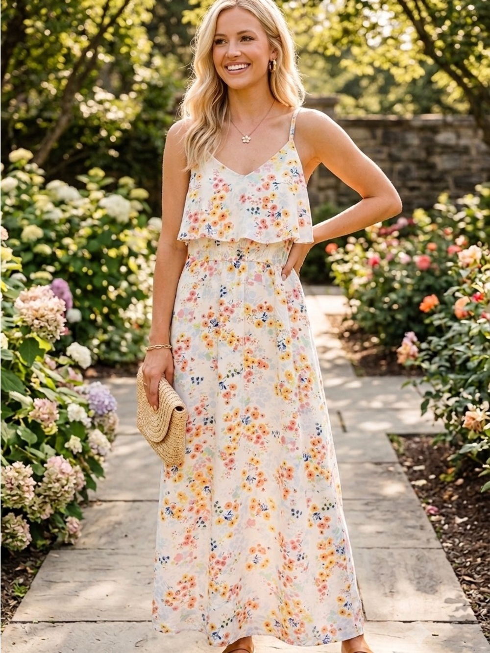 LC Lauren Conrad Floral Print Maxi Dress Size M Spaghetti Strap Ruffle Detail